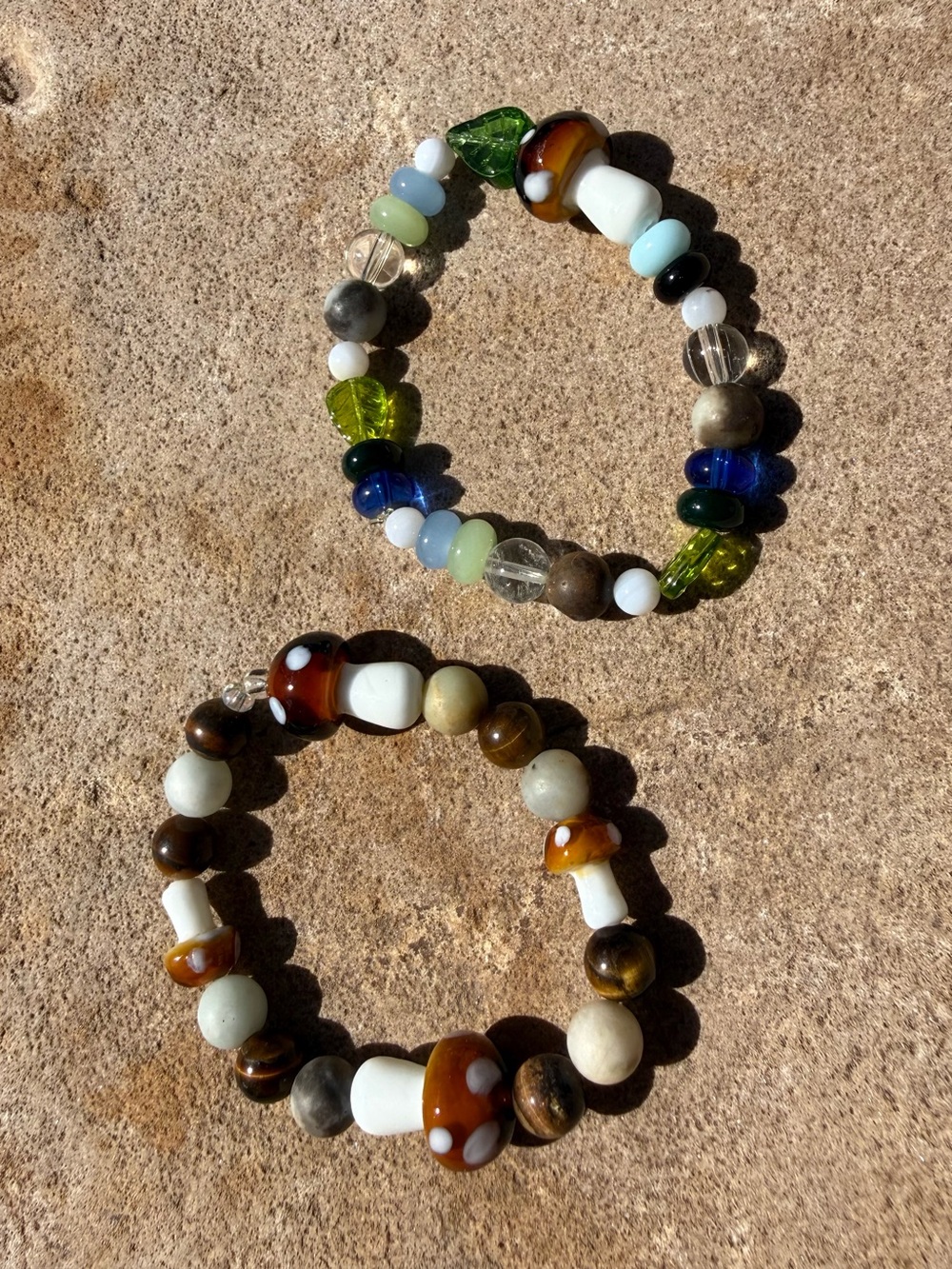 Handmade Multicolor Glass Mushroom Beaded Stretch Bracelet Set